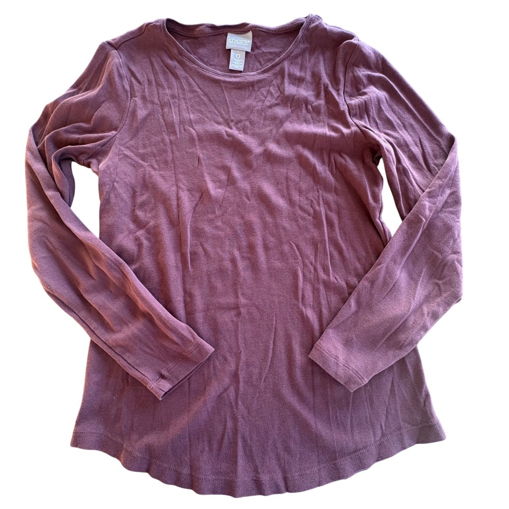 CHICOS Size 0/Womens S Plum Burgundy 100% Cotton Long Sleeve Crew Neck T-Shirt